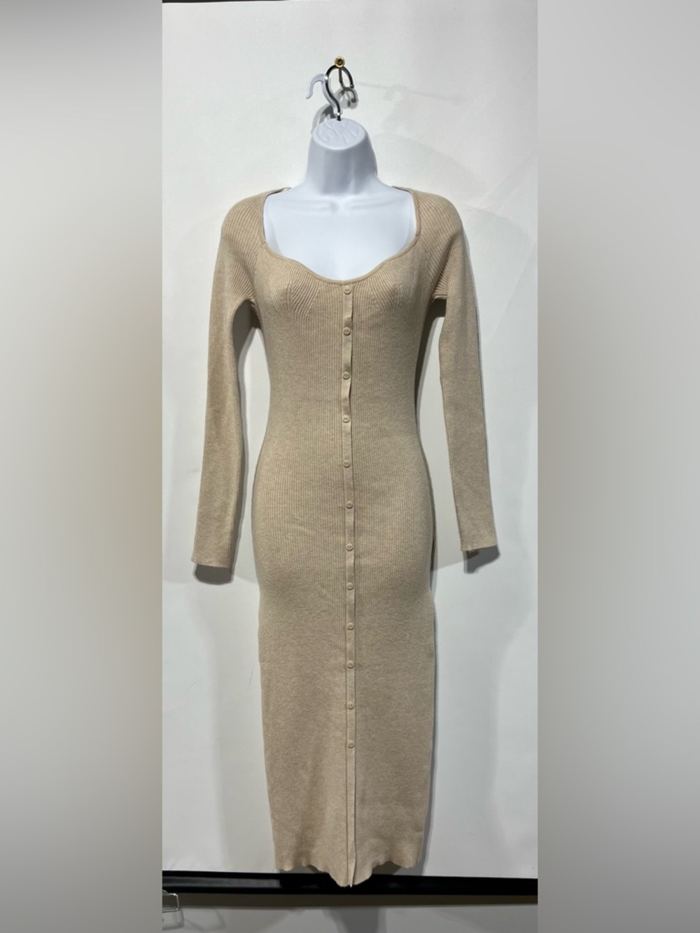 CRESCENT Tan Ribbed Button-Front Midi Dress Womens Size Medium New With Tags